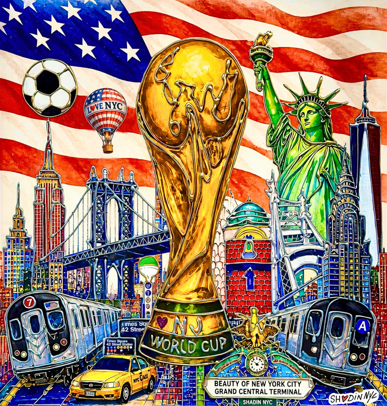 Shadin NYC World Cup 2026 poster featuring NYC landmarks and the World Cup trophy